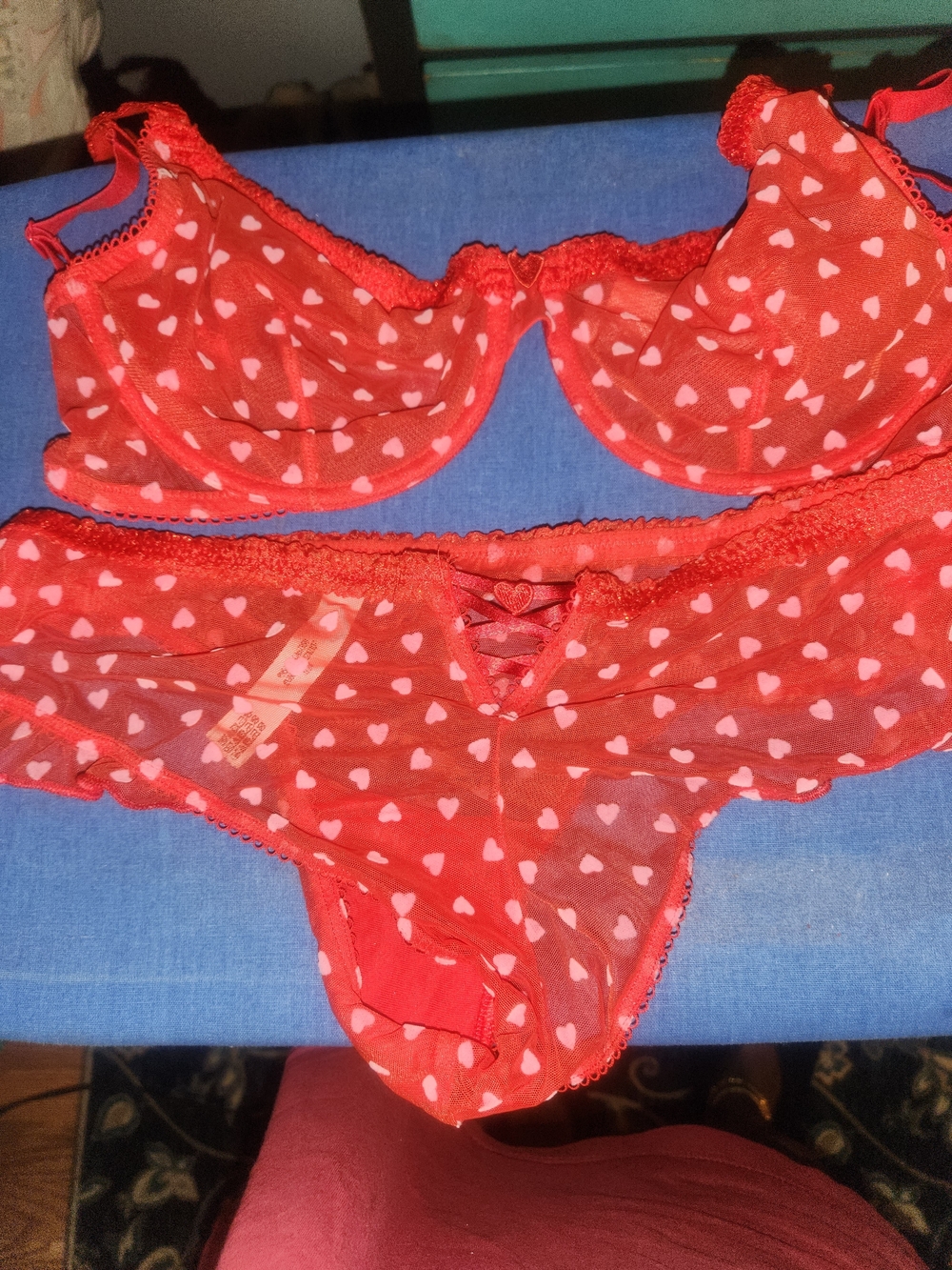 Victoria's Secret Red Sheer Heart Mesh Bra & Panty Set